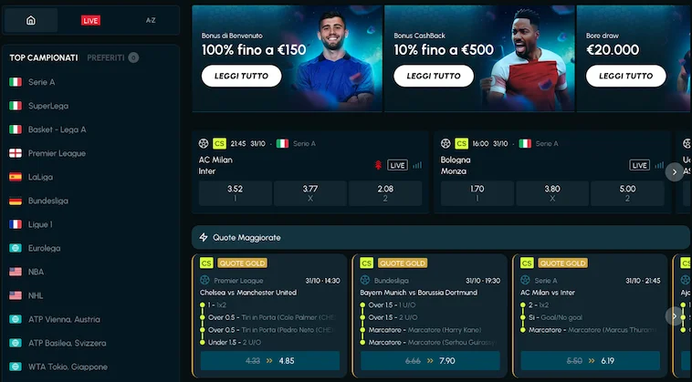 La sezione scommesse sportive di slotexo.com con campionati, quote e promozioni